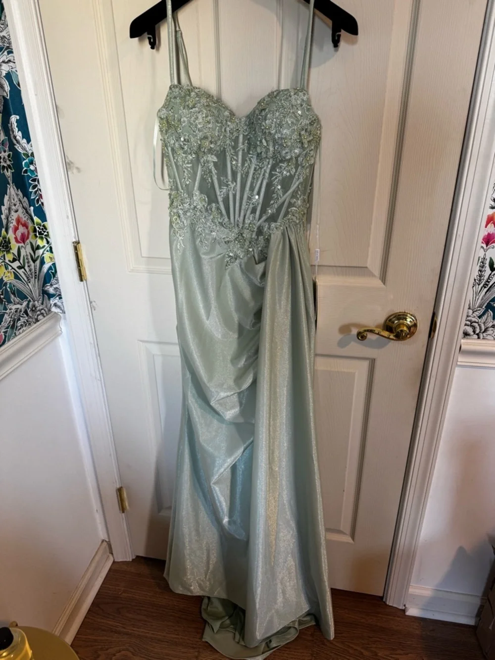 Mermaid V Neck Sheer Beaded Corset Slit Prom Dress with Side Draping Sage NWT 0 - Picture 5 of 9